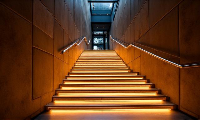 Scala interna illuminata con strip LED integrate nei corrimano